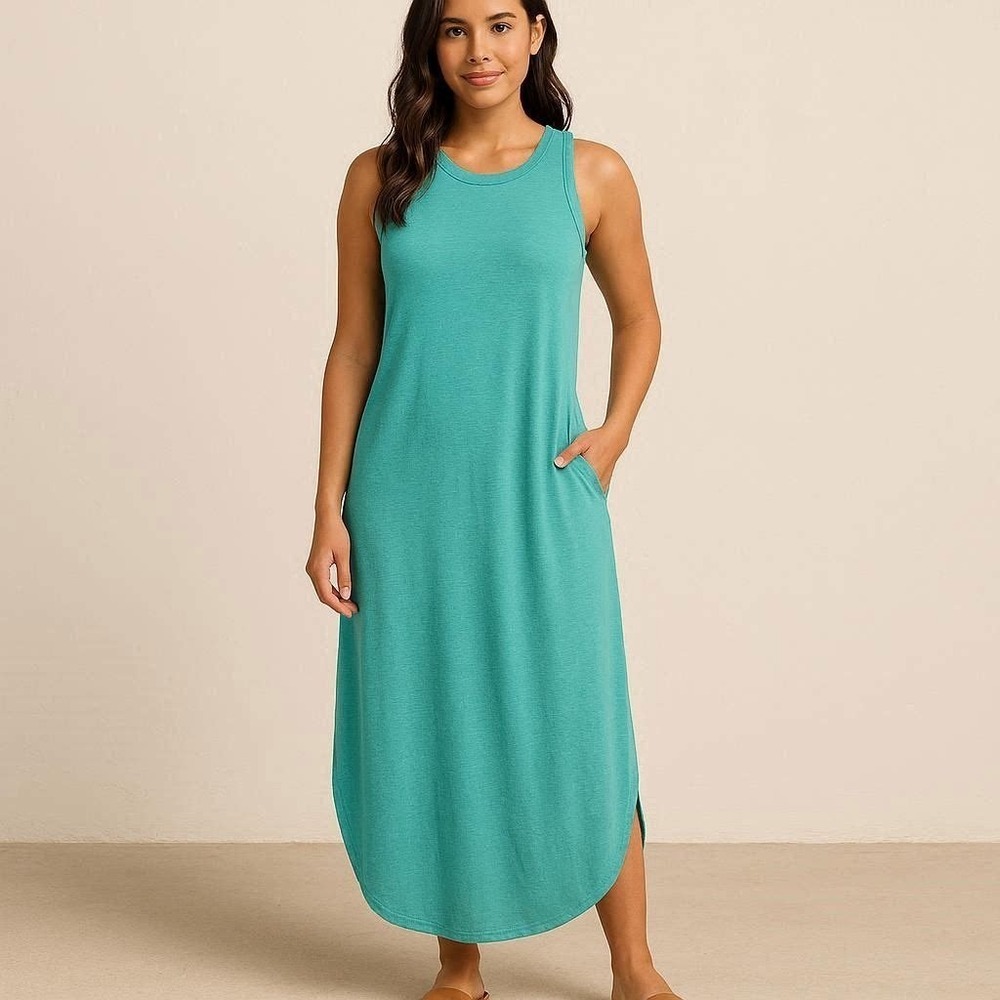 Coastal Bliss Cabana Green Teal Turquoise Sleeveless Maxi Dress pockets Small